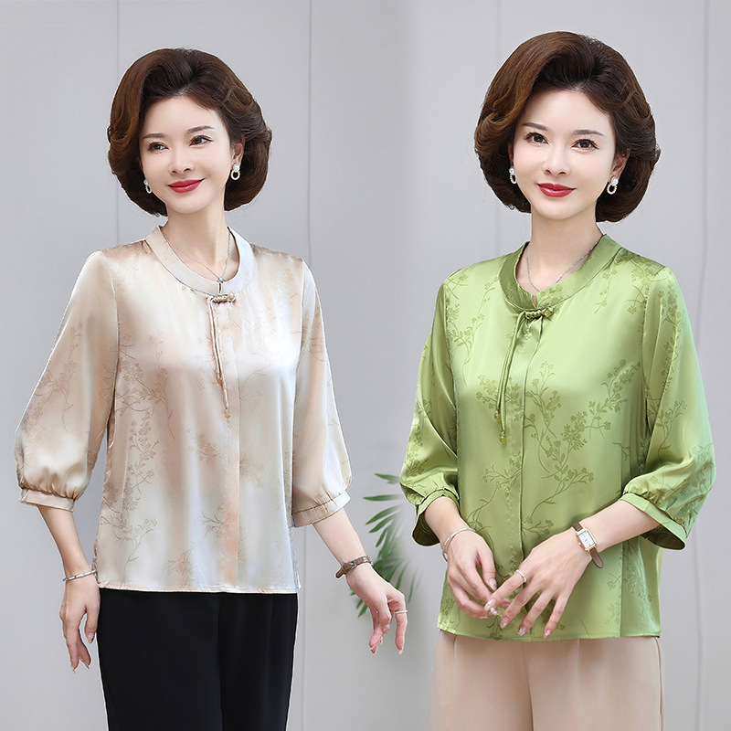 套頭衫風上衣女新中式民族風夏季薄款洋氣中老年盤扣襯衫，女裝T恤，妃慕昵服飾