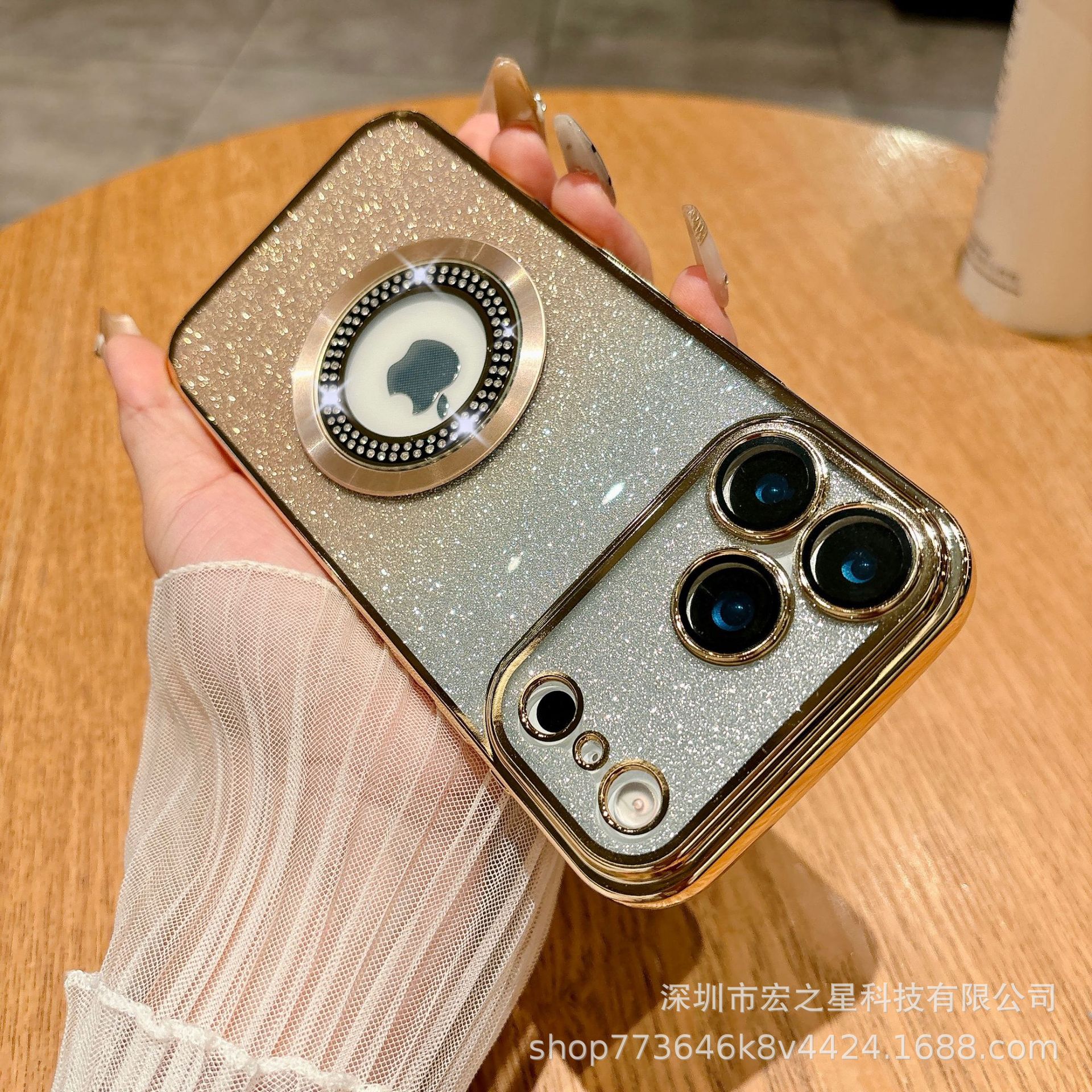 镶钻哈哈镜适用于iphone17promax手机壳闪粉渐变苹果16漏标防摔软