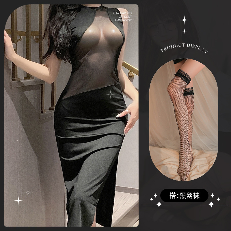 블랙 시스루 스커트 + T팬츠 + 블랙 망사스타킹