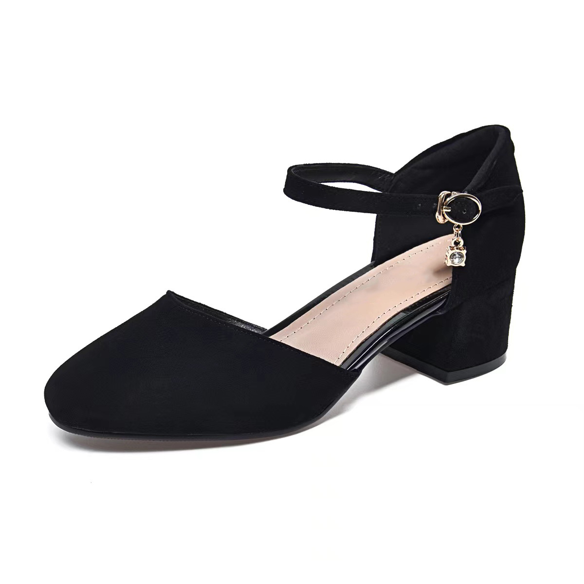 Sandal cao gót nữ quai ngang gót vuông da lộn — Màu đen Cashmere