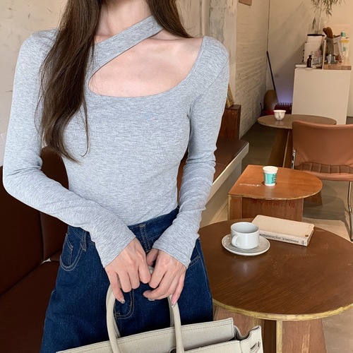  Spring and Autumn Sexy Slim Slim Student Tops Designed Halter Neck Long Sleeve T-Shirt Women's Bottoming Shirt Ins Trend
