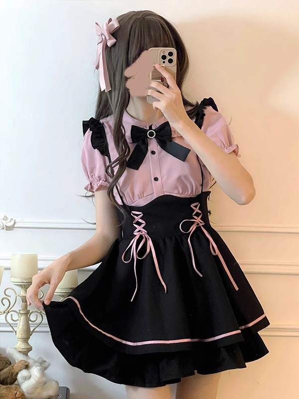 日本系の甘いかわいいロリータのワンピースの女の子のLolitaの王女のスカートのシャツの背もたれのスカートのスーツの2つのセット|undefined