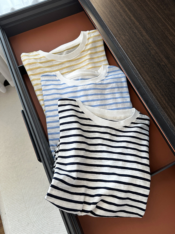 レトロなセーリングストライプT！竹ピマコットンコントラストストライプTシャツ夏ルーズレイジー日焼け止めブラウス|undefined