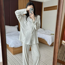 男朋友衬衫睡衣女春秋长袖人棉纯色慵懒风灰色两件套可外穿家居服