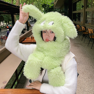 Big Eye puppy cute closed toe hat scarf integrated female winter outing warm cold-proof gloves three-piece set Wholesale