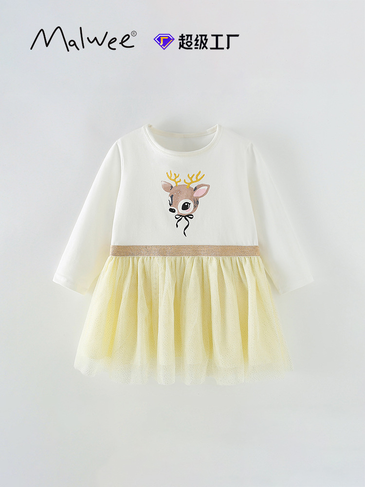 Malwee transfronterizo vestido de princesa de niña otoño y invierno nuevo estilo europeo y americano de niños de cuello redondo de manga larga lindos vestidos de impresión