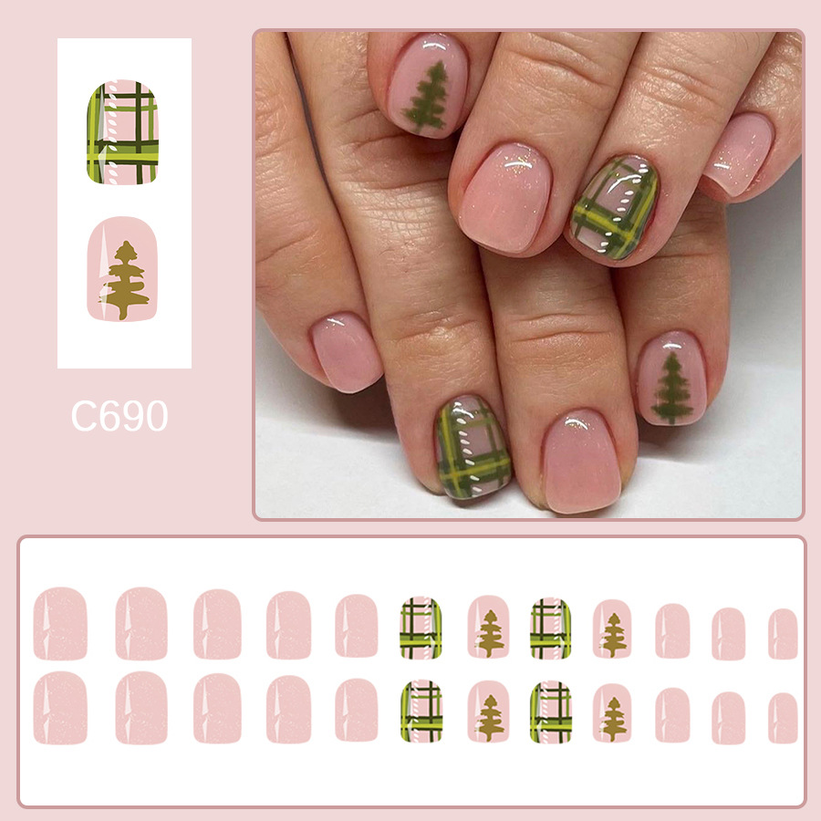 Short Glossy Square Armor 2024 New Christmas Simple Christmas Tree Plaid All-match Detachable Wear Nail Paste_voghion.com