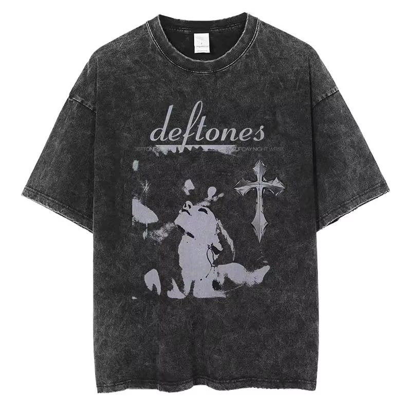 Hip-Hop Style Deftones Short-Sleeved Round-Neck Y2K Men's Retro Washed and Distressed Snowflake American-Style T-Shirt for Men Hip-Hop Style Deftones Short-Sleeved Round-Neck Y2K Men's Retro Washed and Distressed Snowflake American-Style T-Shirt for Men