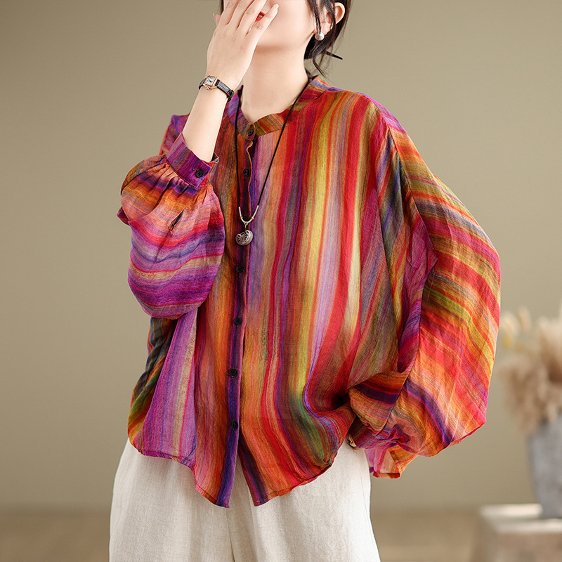 Plus Size Women's Rainbow Striped Shirt 2024 New Spring Style High-End Round Neck Loose Age-Reducing Elegant Top Plus Size Women's Rainbow Striped Shirt 2024 New Spring Style High-End Round Neck Loose Age-Reducing Elegant Top