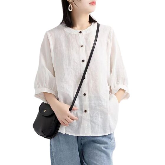 2022 Summer Shirt Women's Lantern Sleeve Vintage Artistic Top Loose Slimming Mid-Sleeve Large Size Shirt for Women