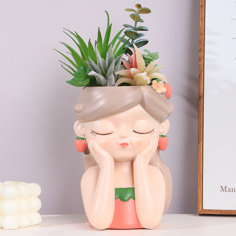 Chậu Cây Resin Chậu cây mọng nước hình cô gái resin, chậu mini trang trí ban công, sân vườn và bàn làm việc (RG-237)