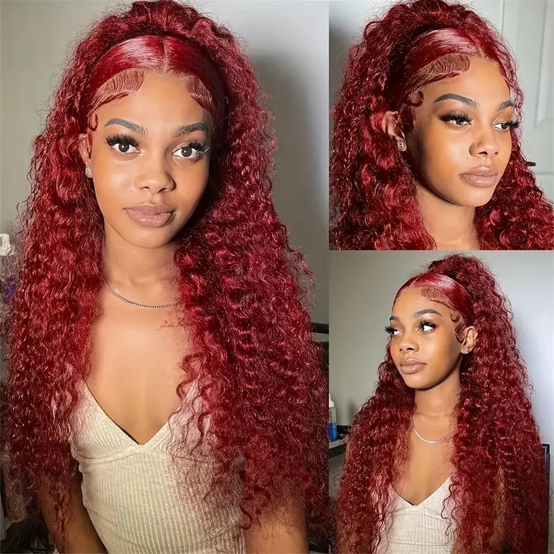 European American Style Small Curly Wig Lace Front Synthetic 13 X 4 Lace Trim African Wine Red Color_voghion.com