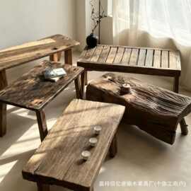 老榆木茶几榻榻米矮款泡茶台复古风化木桩异形小凳子实木落地桌椅