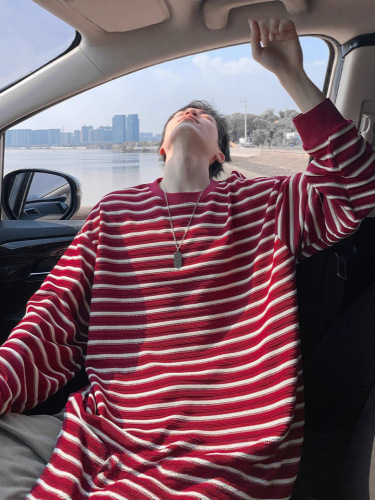 Black and White Striped Long-Sleeve T-Shirt for Men, Spring and Autumn Trend Brand, American Round Collar, Loose, Cool and Edgy, Heavyweight, Innerwear and Base Shirt