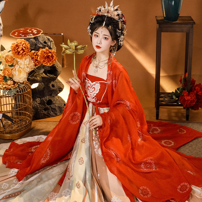 成人汉服女中国风古装唐制红色齐胸诃子裙刺绣超仙大袖衫春秋季款