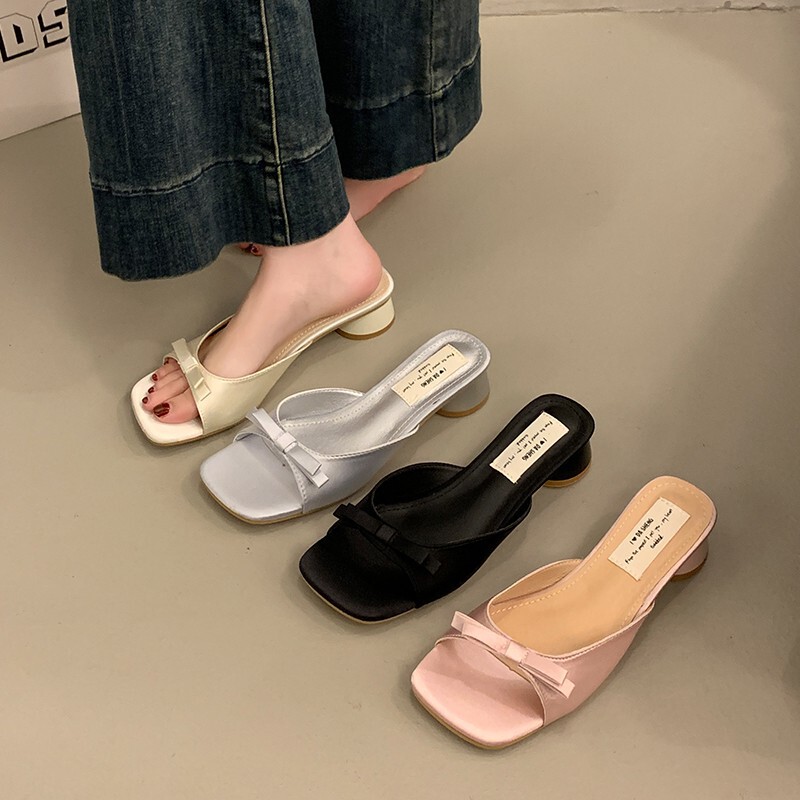 French Evening Style Gentle Fairy Slippers for Women Summer Outer Wear New Bow Thick Heel High Heel Sandals