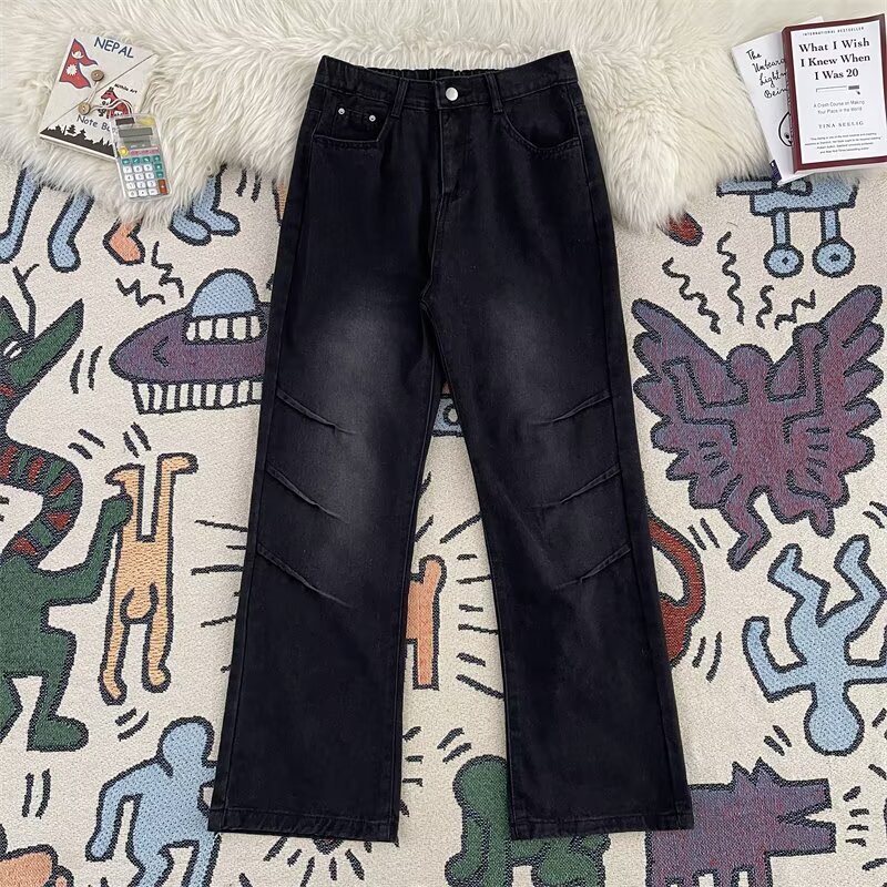 American High Street Style Niche Handmade Wax-Coated Micro-Flared Floor-Length Jeans Stretch Straight Trousers for Men