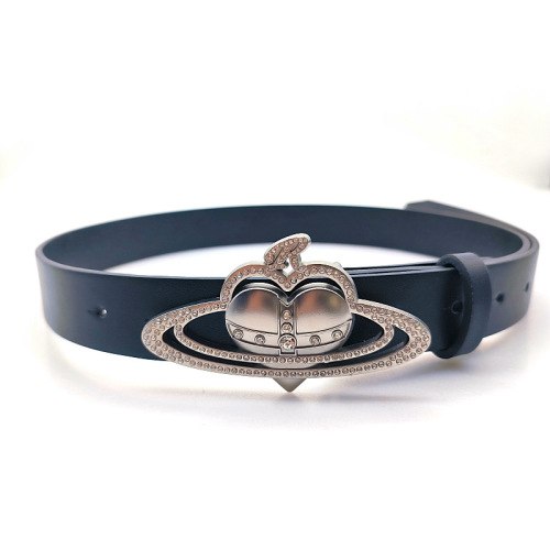 Love Saturn Cross Crown R Letter Rhinestone Inlaid Metal Snap Button PU Decorative Belt Fashionable Design Style