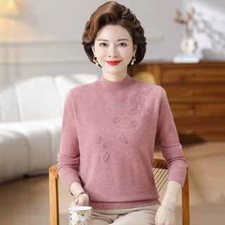 【100%纯羊毛】女装厚款中老年针织羊毛衫打底衫妈妈毛衣上衣秋冬