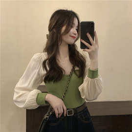 韩国2024早春韩版复古绿色修身显瘦气质短款长袖拼接针织衫上衣女