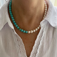 新款波西米亚民族风天然蓝松石珍珠项链欧美时尚高级小众复古项链