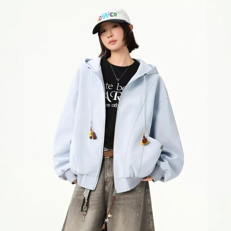Spring new PU leather hooded jacket, unisex, with DIY pendant design, versatile and loose-fitting, available in large sizes for couples