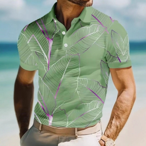 Men's 3D Leaf Printed Short Sleeve Polo Shirt with Collar Casual Suitable for School Resort Daily Outdoor Polo Shirt