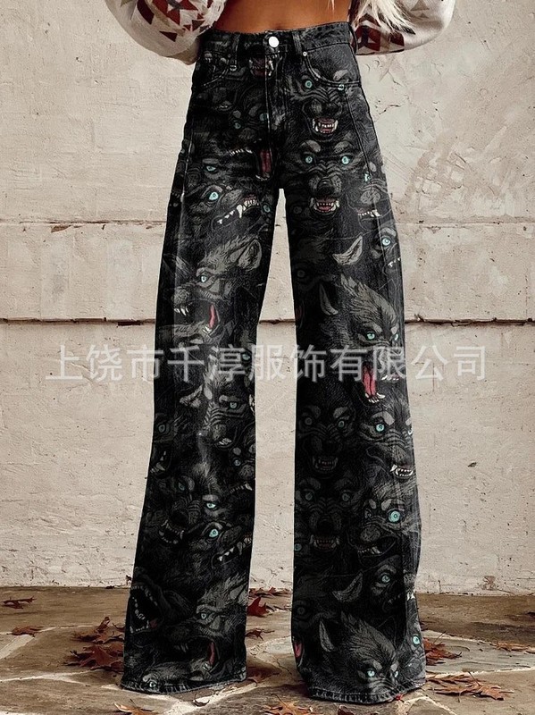 跨境欧美独立站爆款数码印花假牛仔女士阔腿裤 女士喇叭修身长裤|undefined