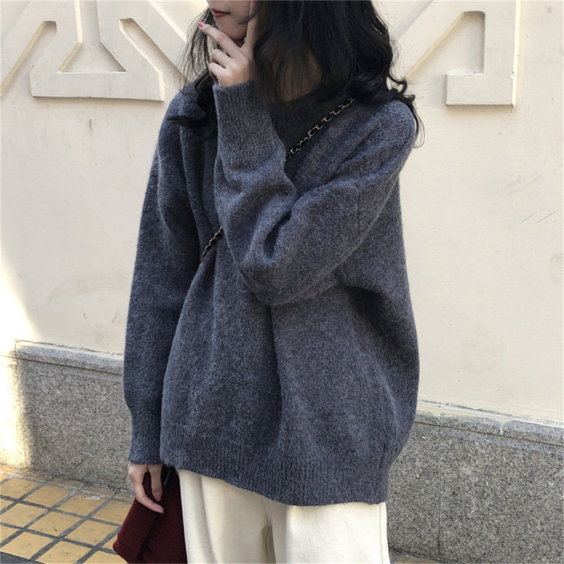 Coreano casual retro color sólido suéter de cuello redondo para mujeres otoño y invierno nuevo estilo de vestir suelta camisa de punto de estilo portugués