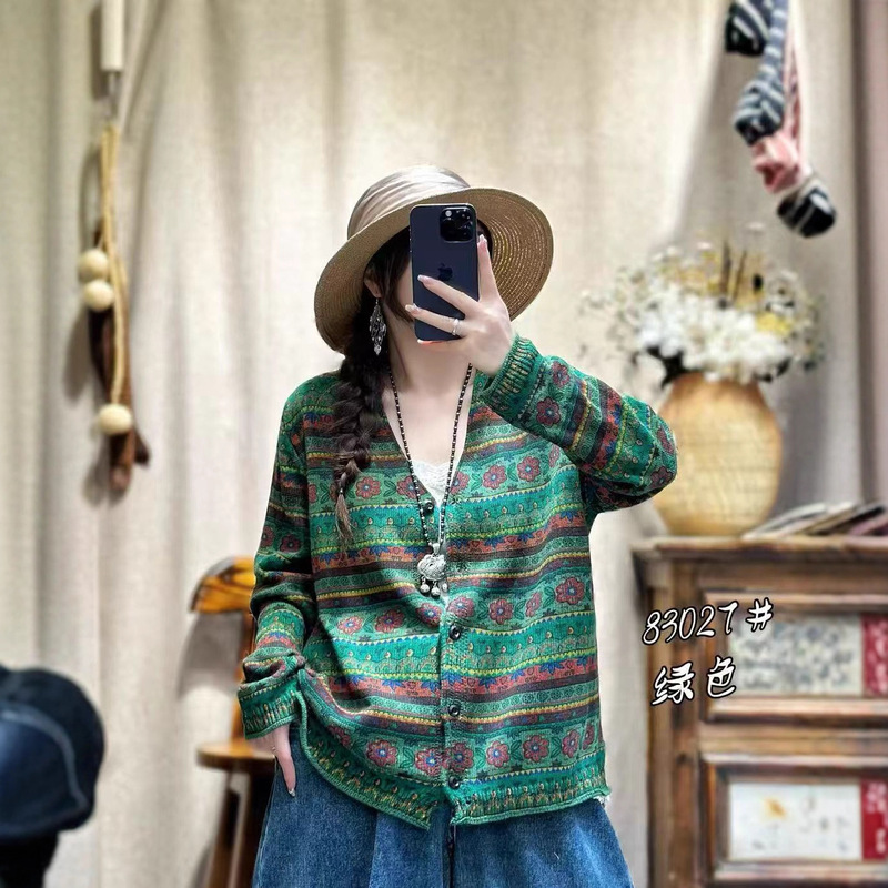 棉线毛衣女2025年秋季新款宽松大码遮肉印花休闲百搭针织线衣开衫|undefined
