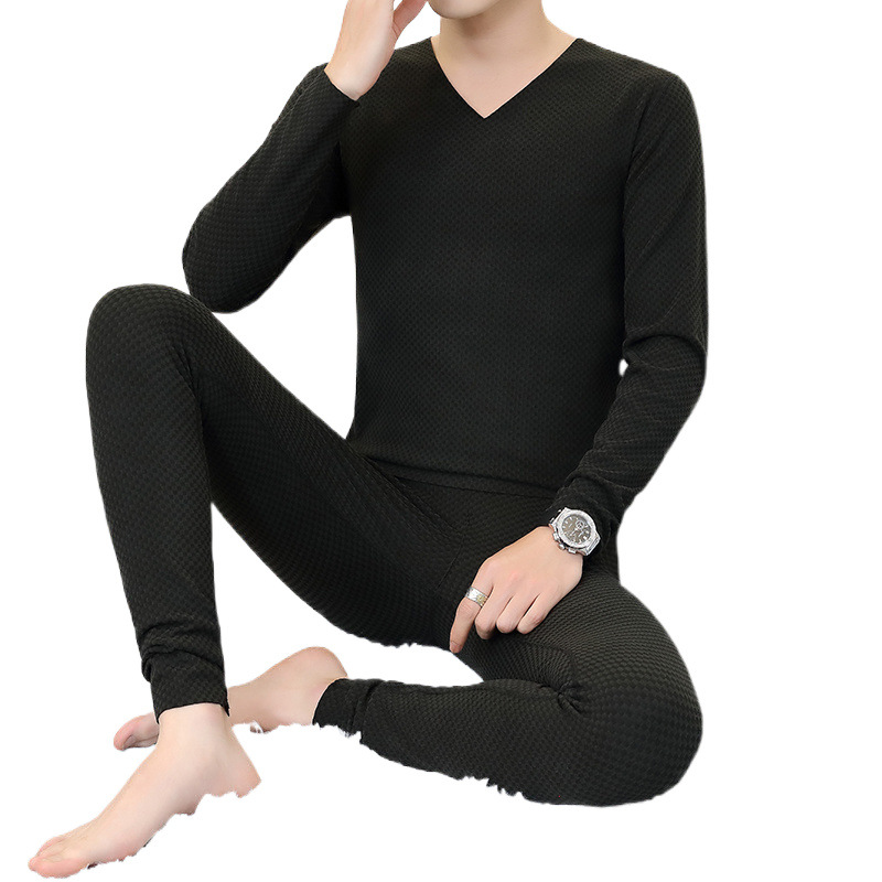 원활한 열 속옷 세트 남자 가을, 겨울 얇은 작은 격자 무늬 V 넥 가을 옷과 가을 바지 세트 2025 새로운 스타일