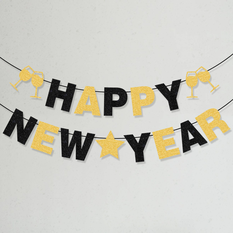 2025国境を越えた新年のキラキラピンクの黒金バナーHAPPY NEW YEARアルファベット乾杯旗卸売りカスタム|undefined