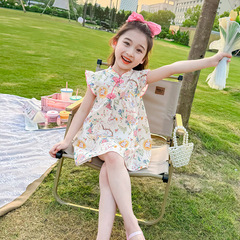 Girls' Full Print Dress 2024 Summer New Children's Korean Style Corded Cheongsam Princess Skirt Baby Clothes