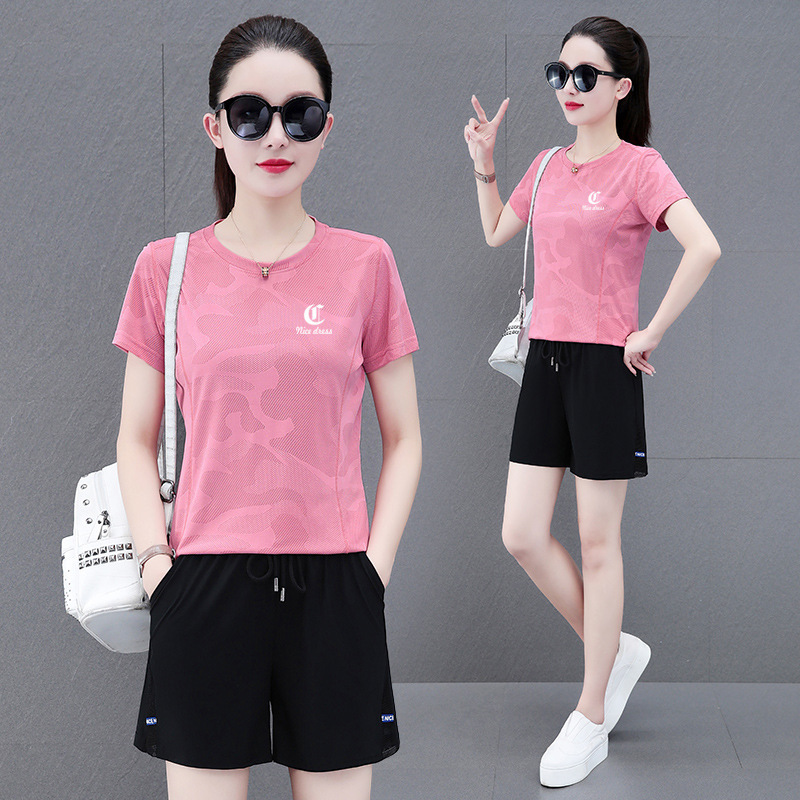 Ice Silk Quick-drying Stretch Fashionable Casual Sports suit Women's Summer Draped Anti-wrinkle Crewneck Short-sleeved Shorts Two-piece Set Ice Silk Quick-drying Stretch Fashionable Casual Sports suit Women's Summer Draped Anti-wrinkle Crewneck Short-sleeved Shorts Two-piece Set
