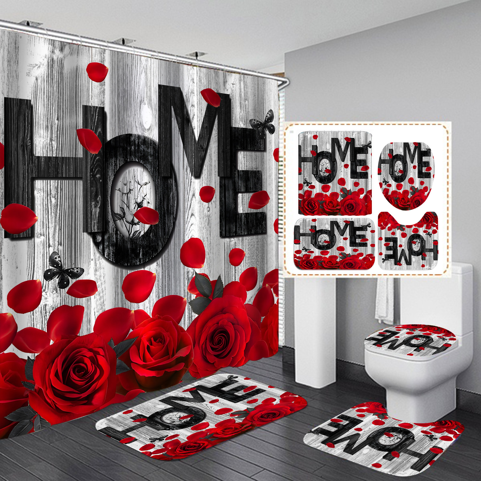 Cortina de baño de secado rápido impermeable inodoro alfombra de suelo conjunto de baño transfronterizo de cuatro piezas conjunto de impresión de rosas cortina de baño antideslizante