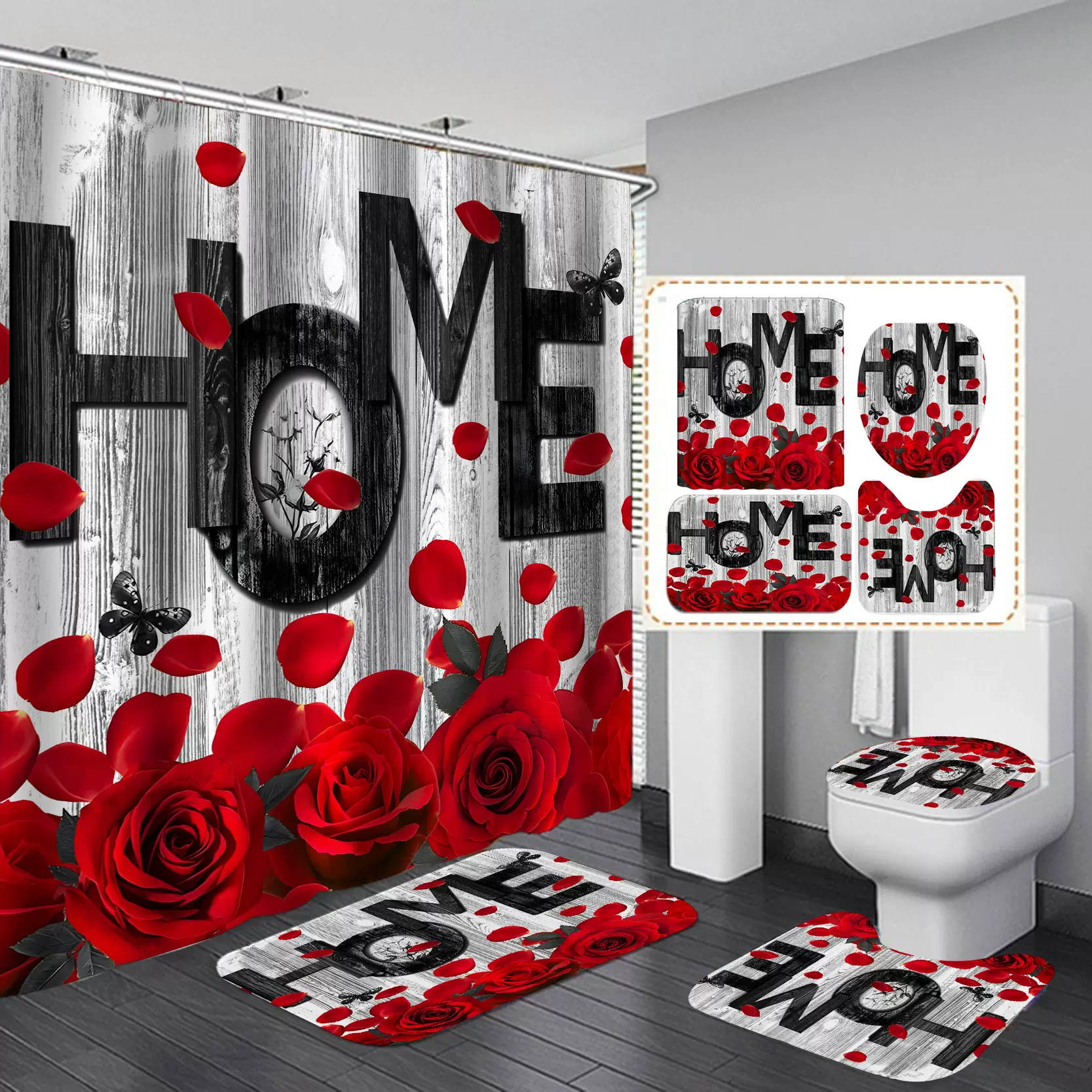 跨境情人节LOVE浴帘马桶地垫套装防水速干卫浴四件套玫瑰图案装饰