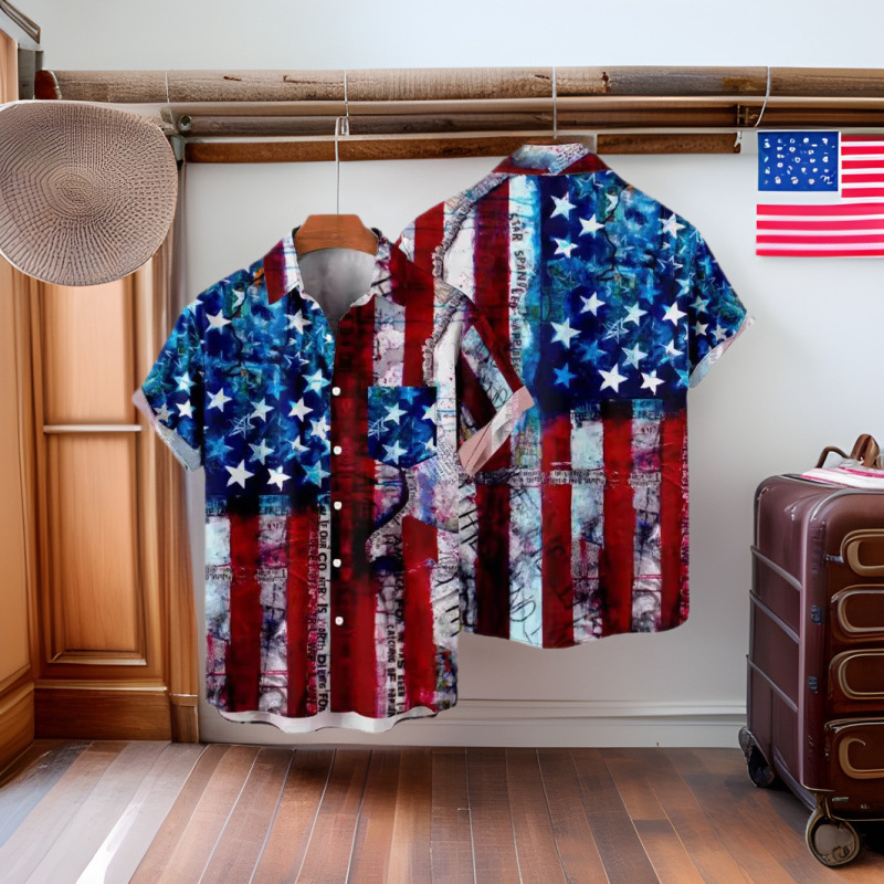 Cross-Border American Independence Day Flag Usa Shirt Summer Casual Large Size 3D Digital Printing Factory Direct Sales and Dropshipping Cross-Border American Independence Day Flag Usa Shirt Summer Casual Large Size 3D Digital Printing Factory Direct Sales and Dropshipping