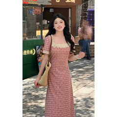 フレンチレトロな優しいスタイルのレースステッチパフスリーブドレス夏の美しいユニークな美しいウエストロングスカート