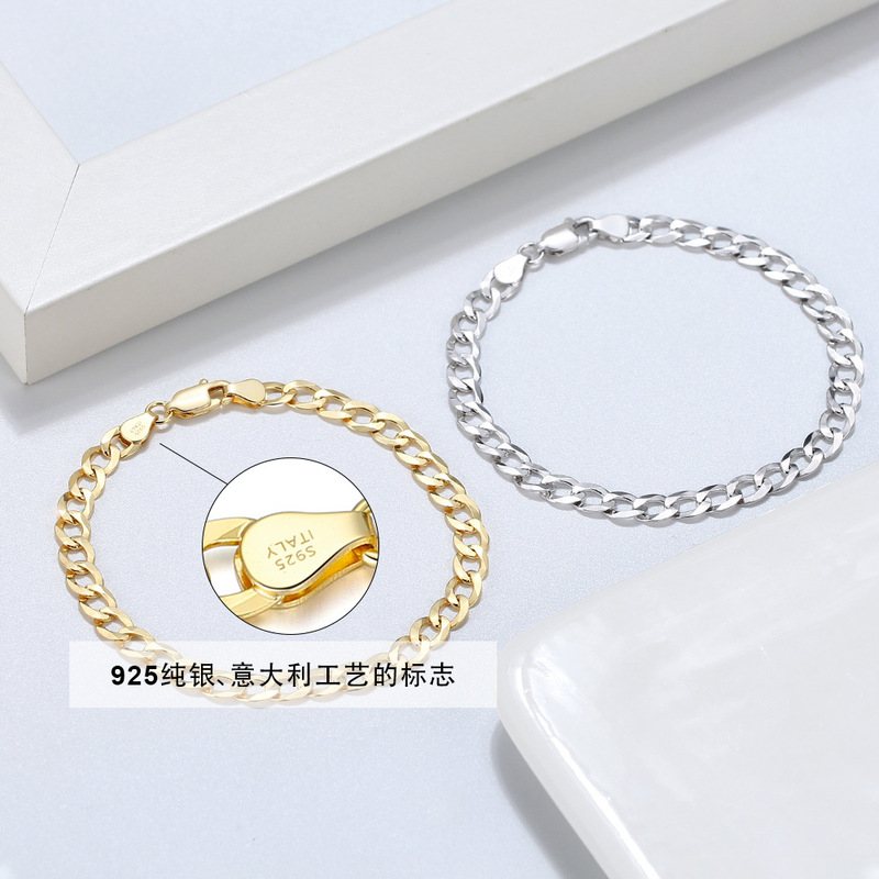Factory Wholesale 925 Silver Bracelet for Men, Silver Chain with Double Clasp, Hip-Hop Style Personality Jewelry, Side Chain, Silver Cuban Clavicle Chain