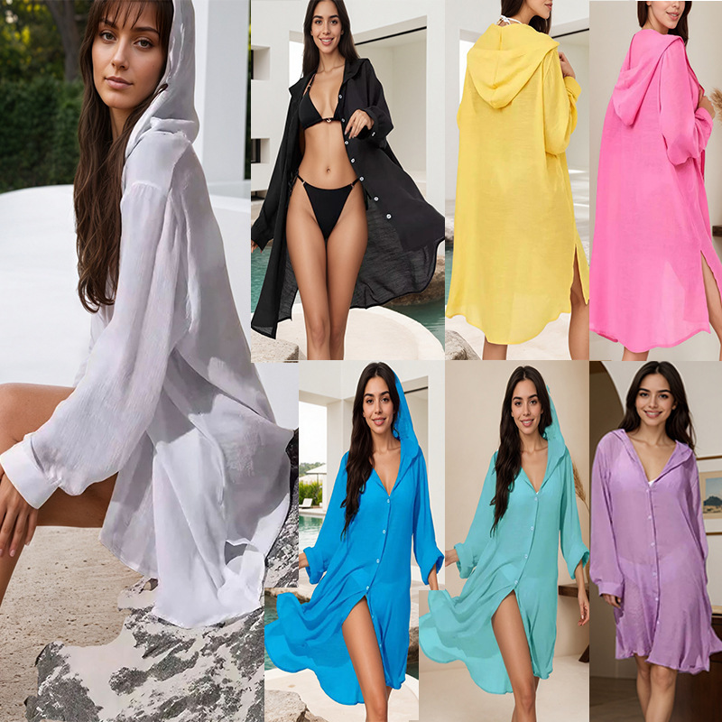 2025 New European and American Style Beach Jacket for Women, Shirt-Style Vacation Solid Color Cardigan, Bikini Swimsuit Cover-Up, Sun Protection Clothing
