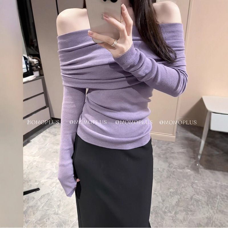 Spring and Autumn French Gentle Style Purple One-Shoulder Wool Sweater Women's Off-Shoulder Bottoming Sweater with Slim Fit Top