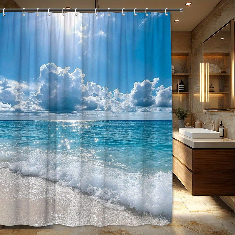 Coastal Bathroom Shower Curtain Serene Beach Sunset Design, Durable Polyester Fabric Includes 12 Hooks