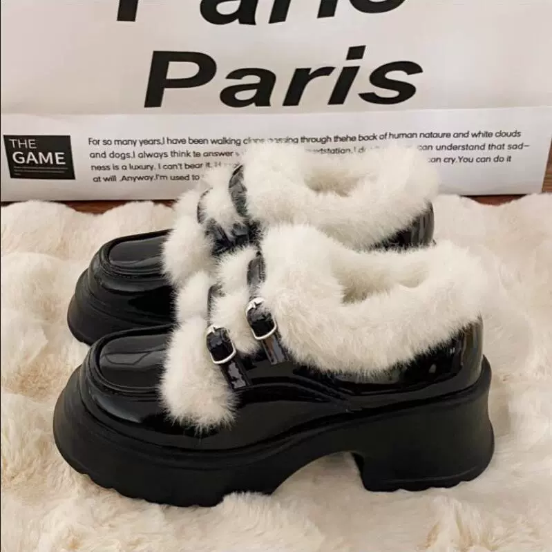 Маленькие черные кожаные туфли женские зимние бархатные теплые французские туфли на высоком каблуке Mary Jen туфли на толстом каблуке Lefu