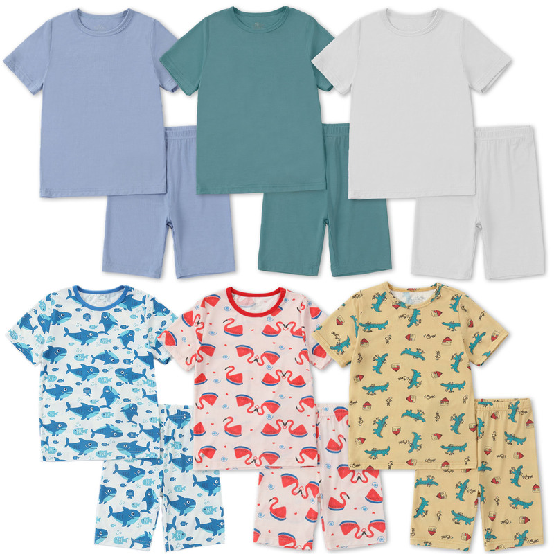 Cross-Border Bamboo Fiber Short-Sleeved Pajamas Set for Small and Medium-Sized Children, Summer Thin Children's Cartoon Printed Home Clothes Two-Piece Set