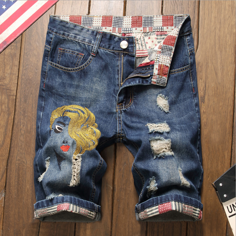 Pantaloncini in denim da uomo con fori strappati, 5/4 p, vestibilità slim oversize versatile da uomo alla moda, pantaloncini in denim 5/5, mendicanti_voghion.com