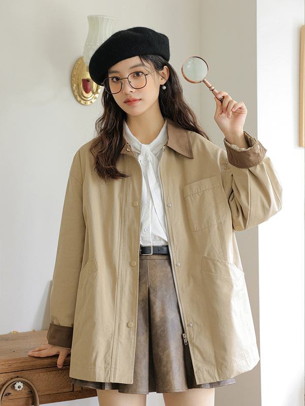 日系撞色领拼接工装风衣外套女2025秋冬新款女装文艺复古休闲上衣|undefined