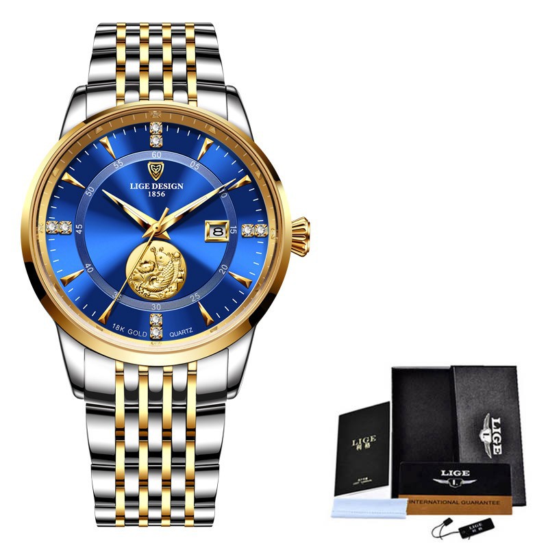 LIGE10050 nueva serie de Lucky Lotus koi reloj de regalo conmemorativo calendario cinturón de acero de negocios incrustado con diamantes