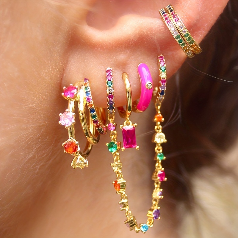 Cross-Border Exclusive Supply of European and American Hot-Selling Copper Inlaid Zircon C-Shaped Ear Clasps, Versatile and Fashionable Earrings, Colorful Earrings and Hoops