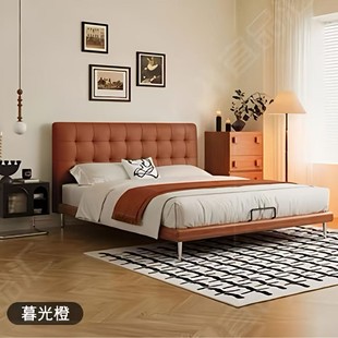 Ash Leather Minimalist Mid-Century Style Master Bedroom Waffle Bed Modern Simple Light Luxury Bed Double Bed
