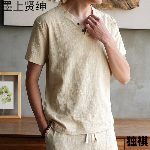 Summer Linen Short-Sleeve Ice Silk T-Shirt for Men, Solid Color, V-Neck, Chinese Style Top, Cotton-Linen Hanfu Inspired Casual Half-Sleeve T-Shirt